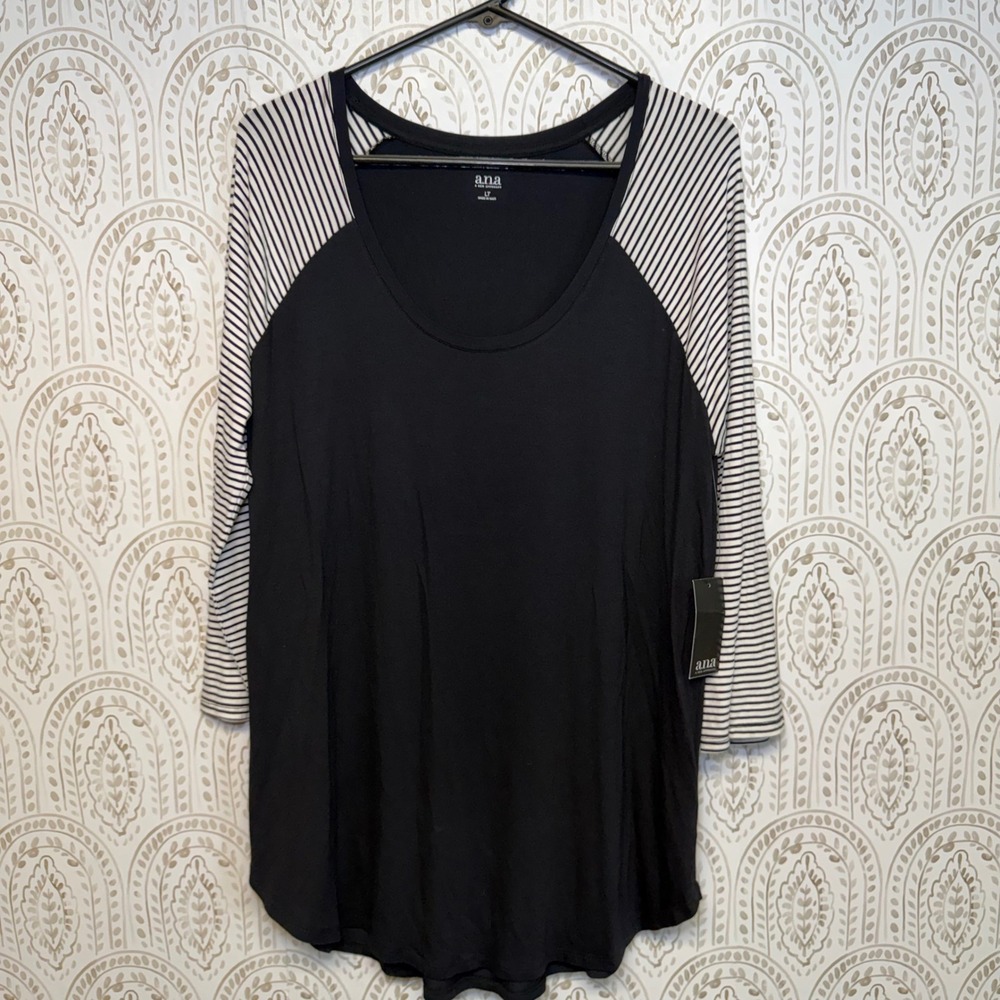 ana A New Approach Womens Black Striped Raglan‎ 3/4 Sleeve Top Size LT New